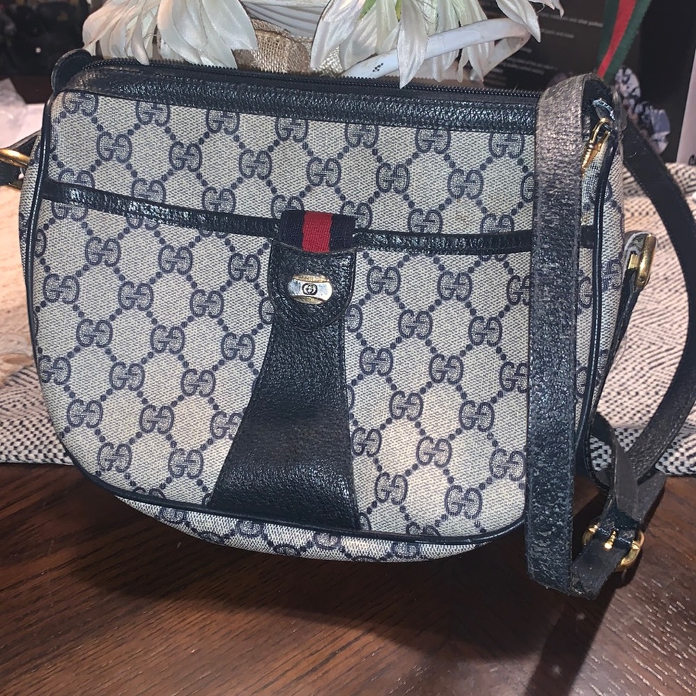 Gucci Beige Monogram Crossbody with Black Trim and Red-Blue Web Stripe